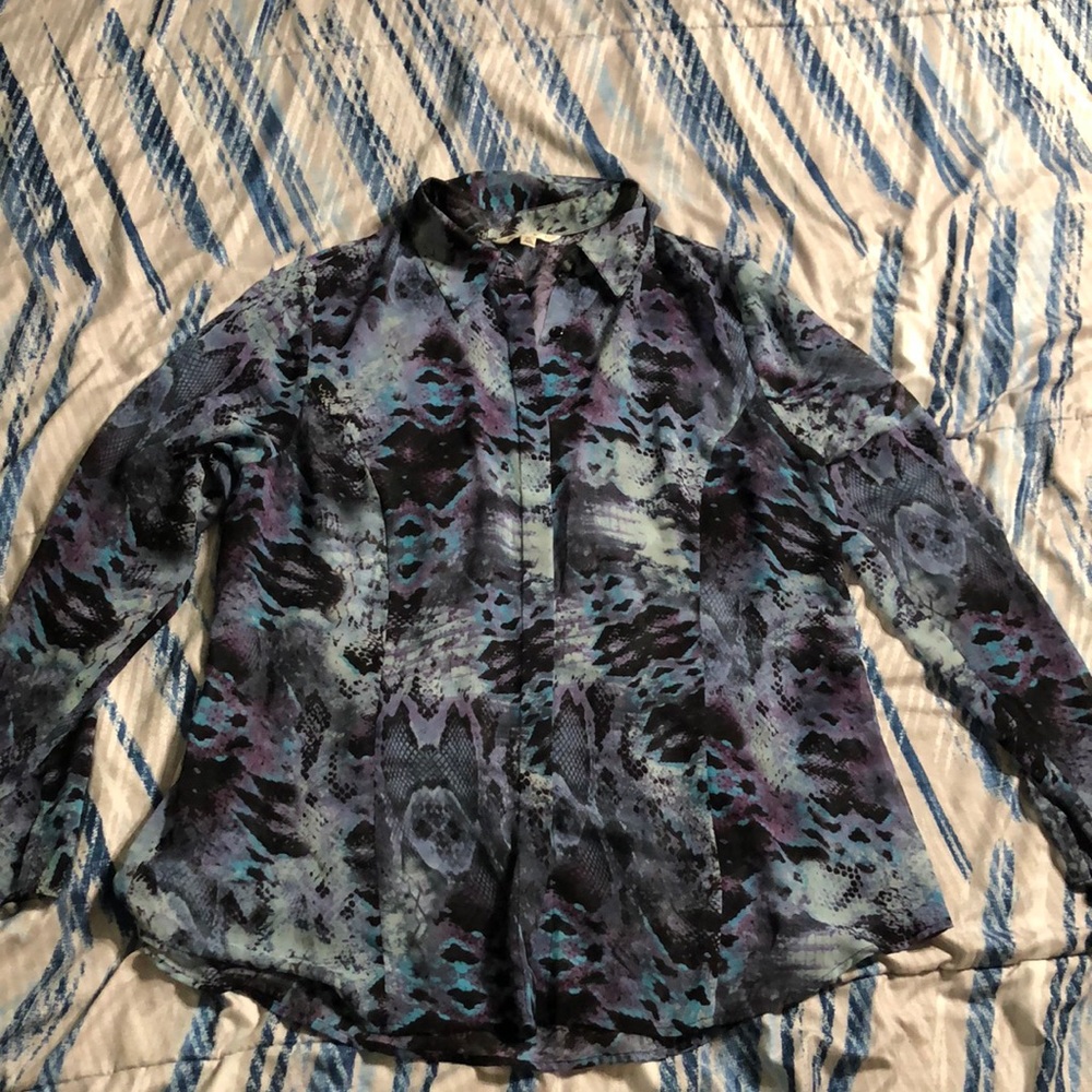 CAbi Multicolor Abstract Pattern Long Sleeve Blouse - Blue, Purple, Black